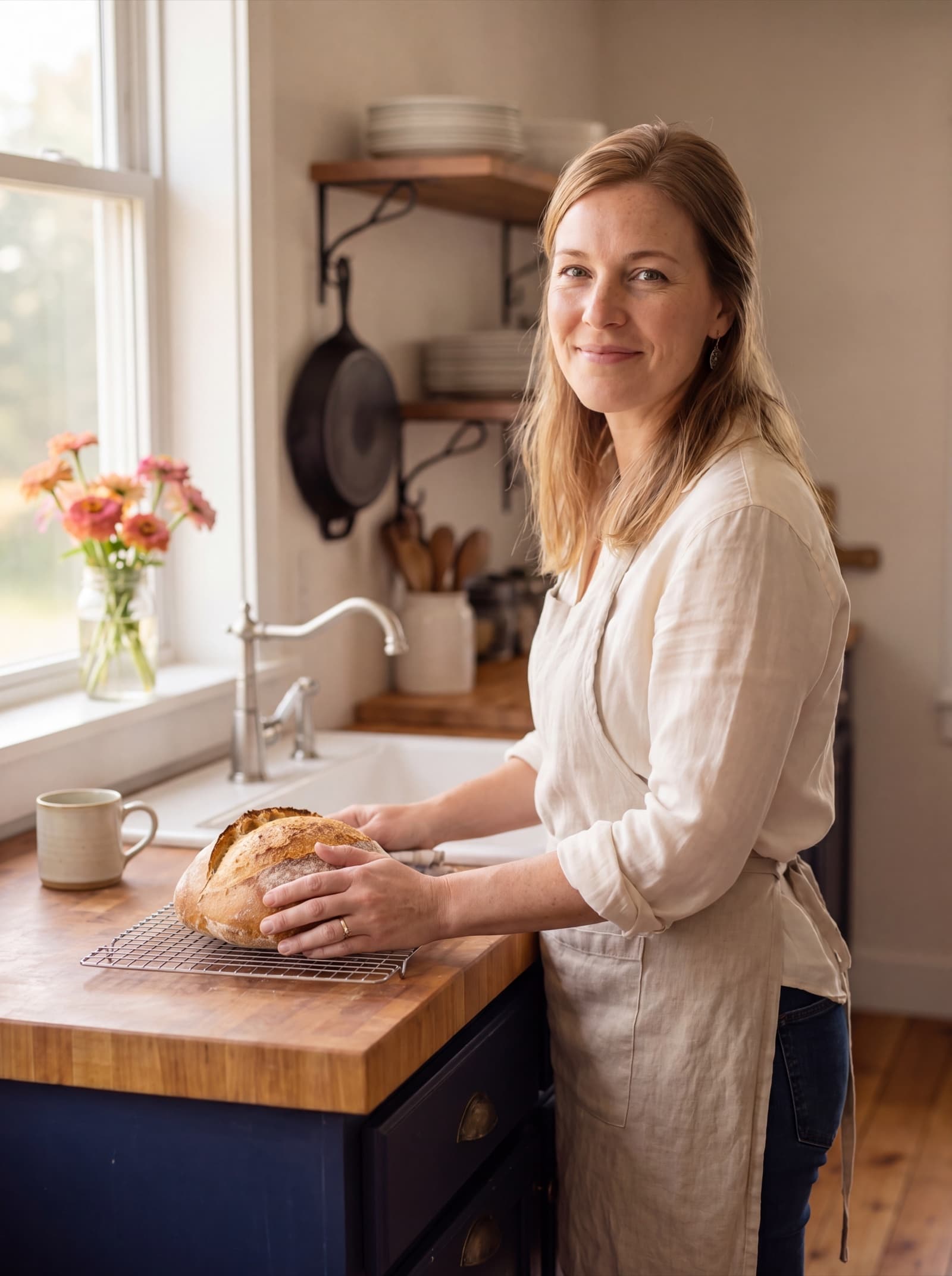 Melissa Whitaker at the farmhouse sink in her kitchen in the soft morning light, sourdough cooling on the counter.